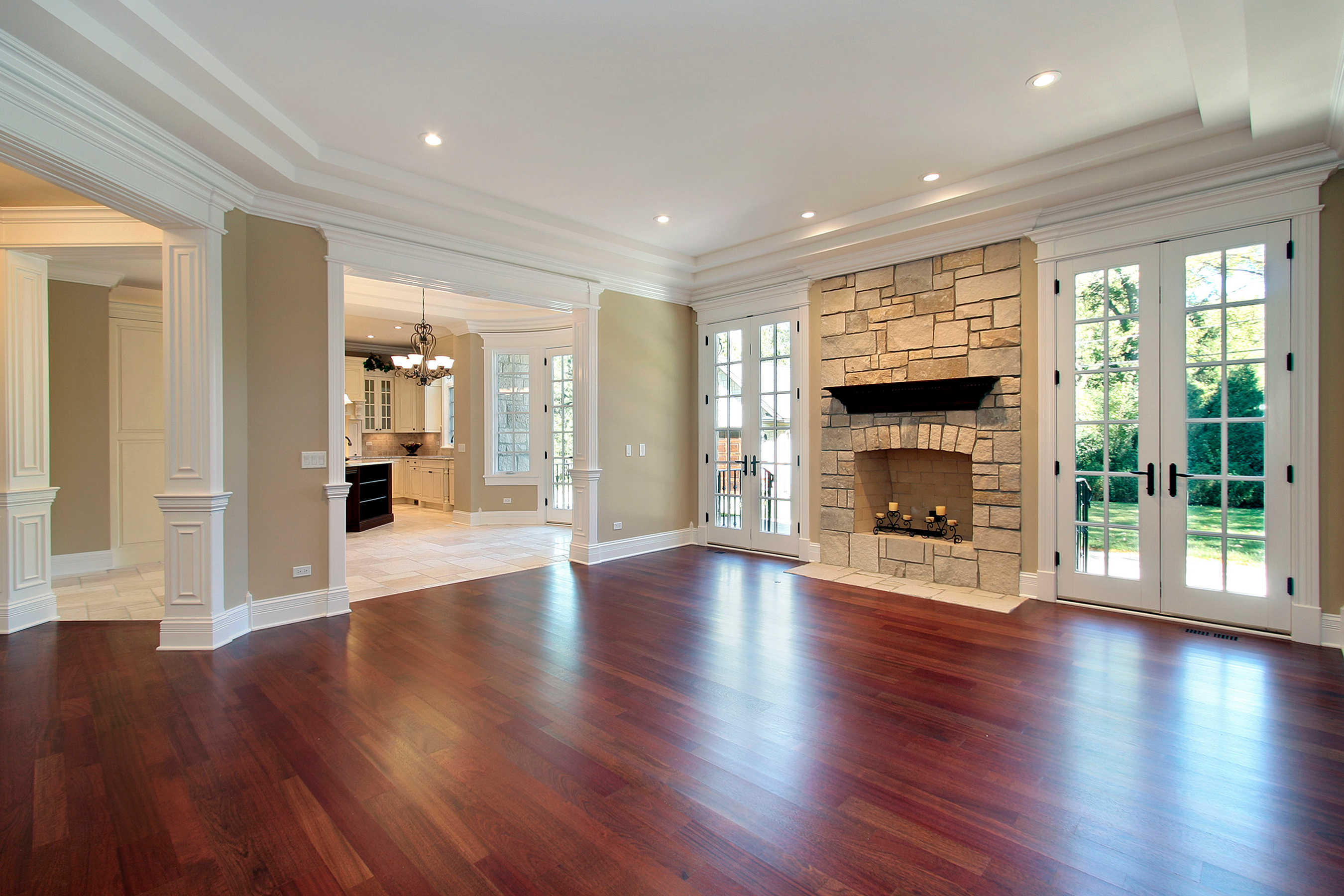 Hardwood flooring in a bright open living room